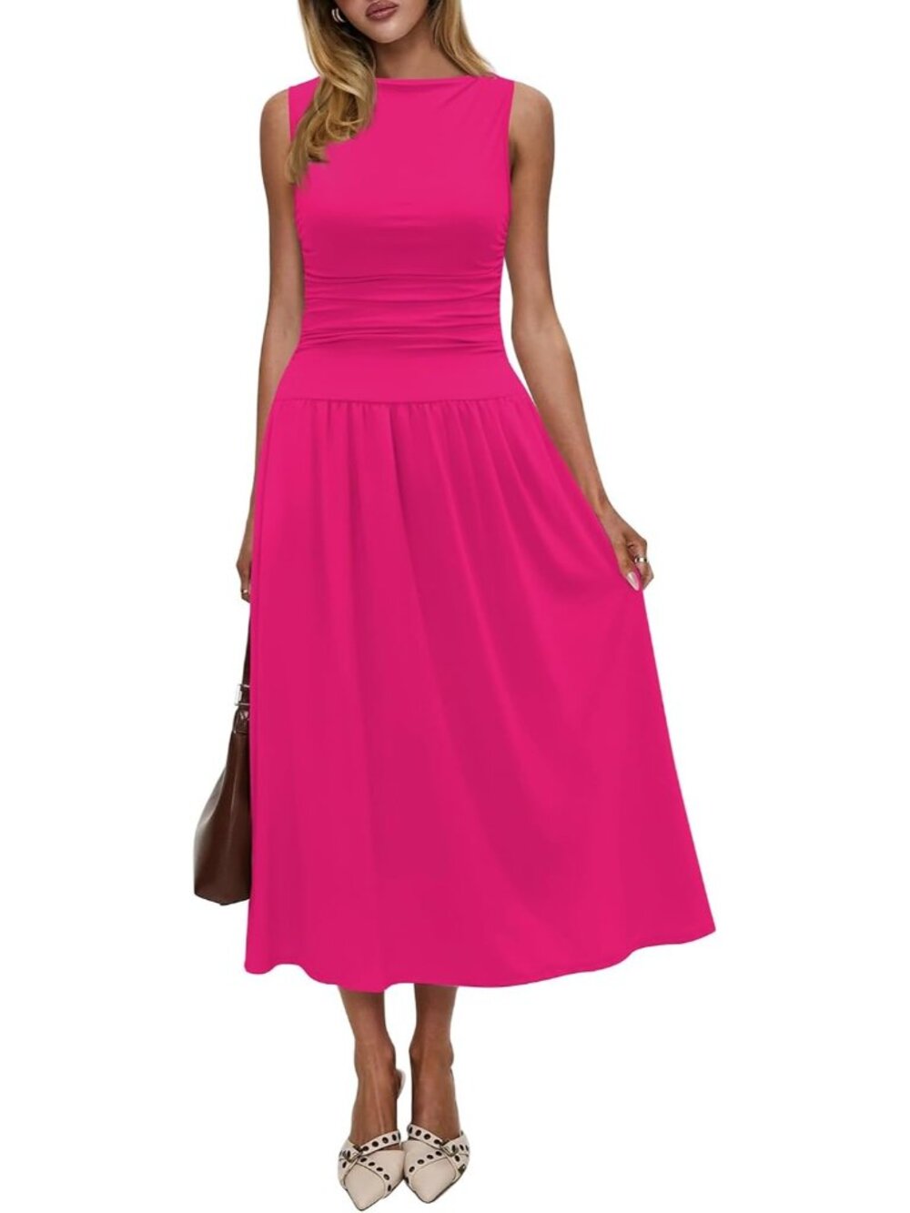 Women's Hot Pink Summer High Neck Drop Waist Formal Wedding Long Maxi Dresses